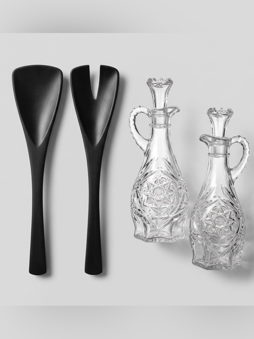 Vintage Anchor Hocking Salad Maker Set 2 Glass Cruets & Stoppers, Serving Set